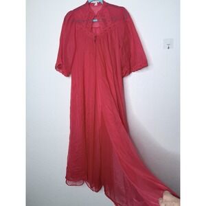 Vintage Robe Sheer Lace Chiffon Maxi‎ Womens M/L Red Coquette Feminine